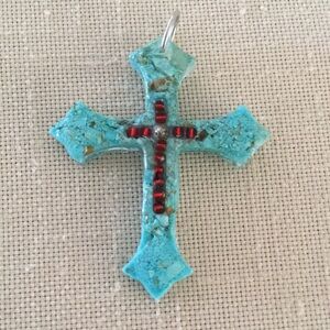 Turquoise Cross Pendant with Red Accent Beads